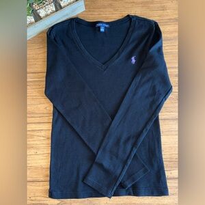NWOT: Ralph Lauren Woman’s Black V-Neck Cotton Top with Purple Logo Size Medium